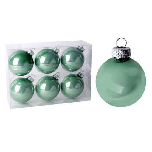 Üveg karácsonyfadísz gömb, selyemzöld színű, 7cm, 6db