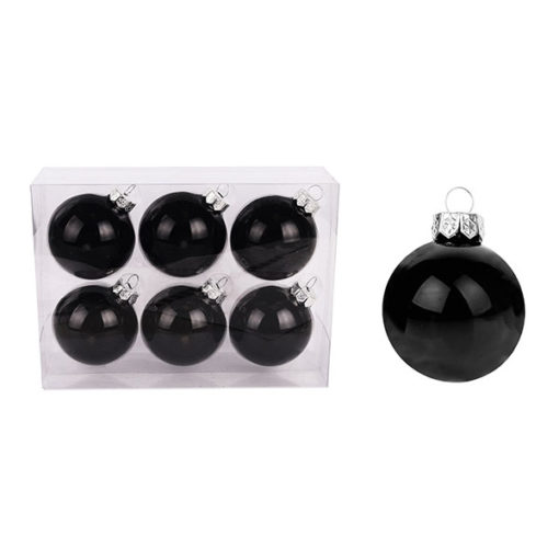 Üveg karácsonyfadísz gömb, fekete színű, fényes felületű, 6cm, 6db