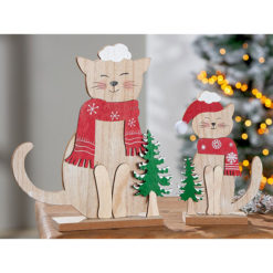Karácsonyi dekoráció fából, ülő cicák sállal, sapkával, fenyőfával, Noel 21,5cm