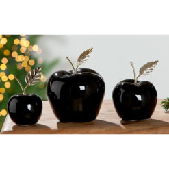 Kerámia alma dekoráció fényes fekete színben, arany szárral, levéllel 16cm