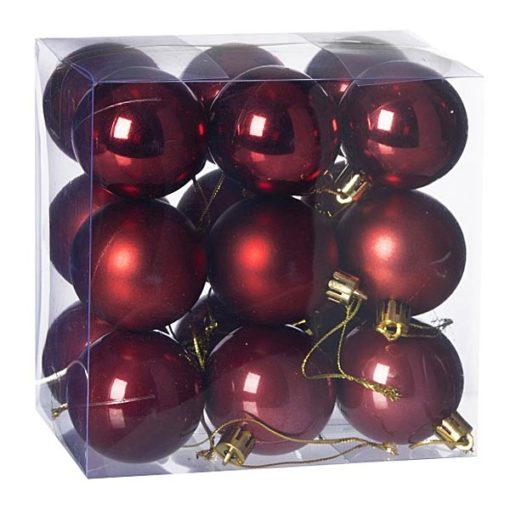 Műanyag karácsonyfadísz gömb, bordó színű 3 féle, 5cm, 18db