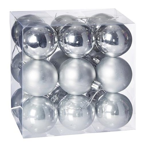 Műanyag karácsonyfadísz gömb, ezüst színű 3 féle, 5cm, 18db
