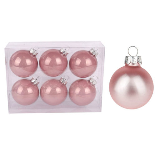 Üveg karácsonyfadísz gömb, selyem rózsaszín színű, 6cm, 6db