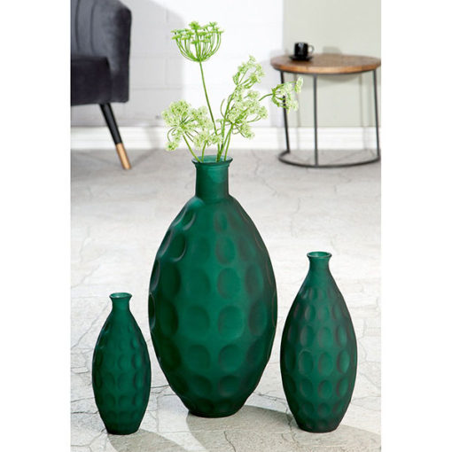 Matt sötétzöld színű 100% újrahasznosított üveg váza körökkel nyomott felülettel, 39x17cm Duna