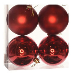 Karácsonyfadísz gömb, piros színű, fényes és matt felületű, 10cm 4db