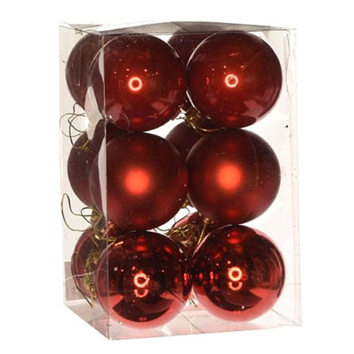 Műanyag karácsonyfadísz gömb, piros színű 3 féle, 6cm, 12db