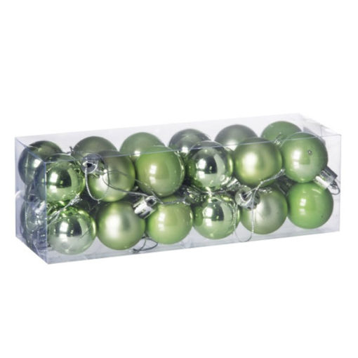 Műanyag karácsonyfadísz gömb, világoszöld színű 3 féle, 3cm, 24db