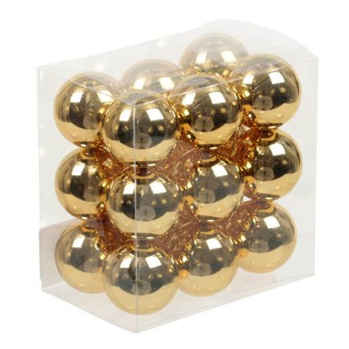 Üveg karácsonyfadísz gömb, fényes arany színű, fényes felületű, 3cm 18db