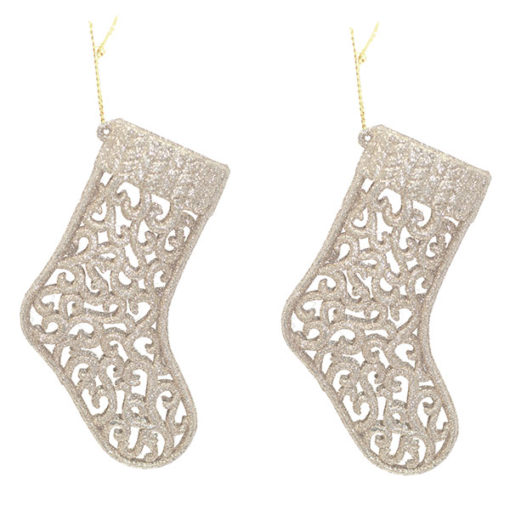 Karácsonyfadísz zokni fehér színben, áttetsző mintával, 13cm 2db