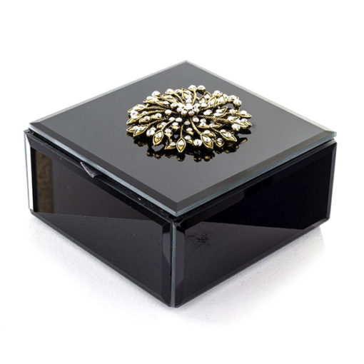 Csodálatos fekete színű üveg ékszertartó doboz csillogó köves virág díszítéssel, mérete: 7x12x12cm