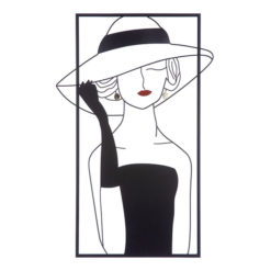 Hatalmas fémből készült fekete színű kalapos hölgyet ábrázoló fali dekoráció 60cm