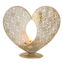 Antik hatású fehér és arany színű szív alakú fém mécsestartó 19cm