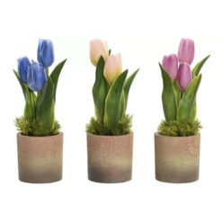Gyönyörű élethű tulipán virágok kaspóban, kék, rózsaszín és púder színben 25cm