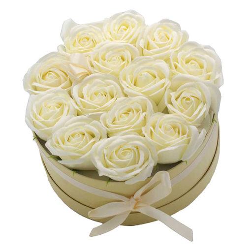 14 szál krém színű rózsa szappan kerek alakú díszdobozban