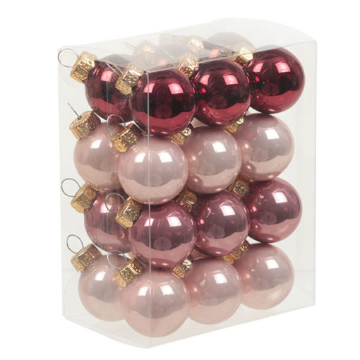 Üveg karácsonyfadísz gömb, bordó és púder színű fényes és matt, 2,5cm 24db