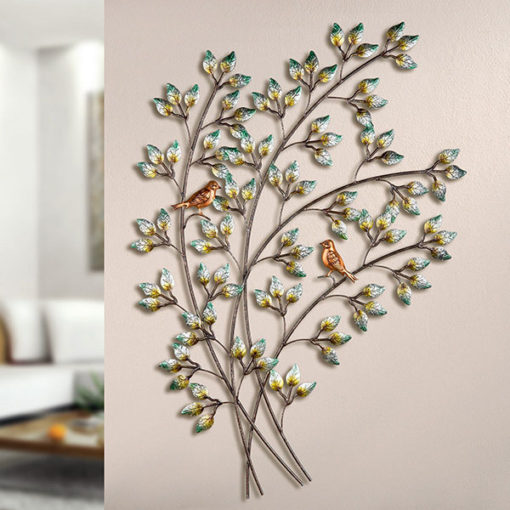Hatalmas fém fali dekoráció, színes madarak a faágon 60x90cm